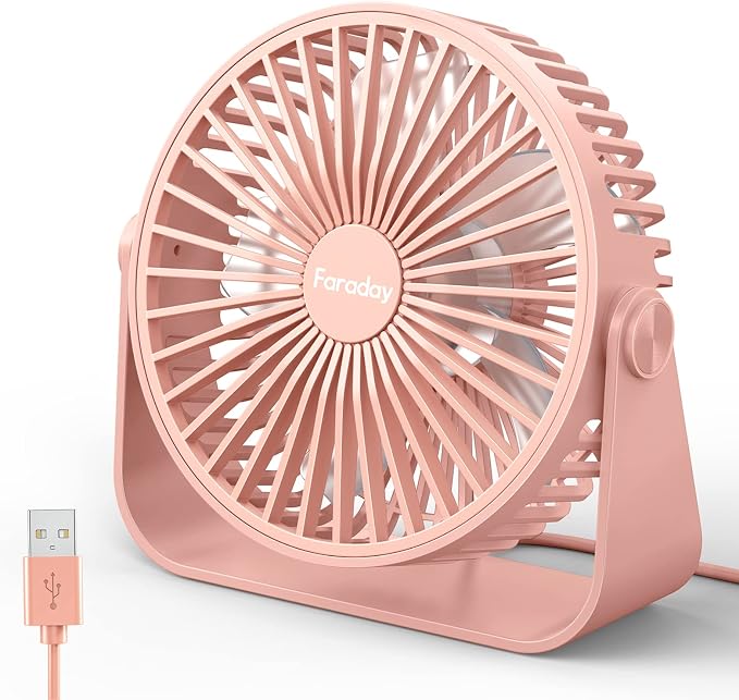 FARADAY USB Desk Fans 5 Inches Portable Table Fans 360° Head Rotation Small Personal Desktop Fan for Home Office, 3 Speeds, Pink