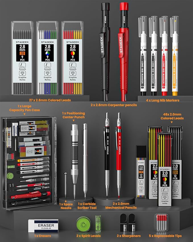 STAGEEK 30 Pack Carpenter Pencils Set With 79 Refills | Construction Pencil, Deep Hole Long-Nib Marker Pens, Automatic Center Punch and Carbide Scribe Tool for Woodworking with Case