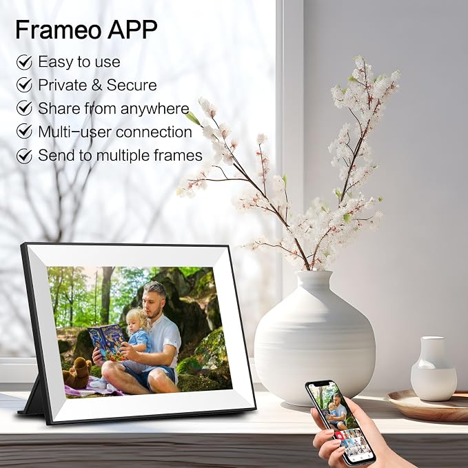 Frameo WiFi Digital Picture Frame 10.1 Inch, IPS HD Touch Screen Smart Electronic Photo Frame, Auto-Rotate Slideshow, Load Photos from Phone via App, Digital Picture Frames Gift for Family