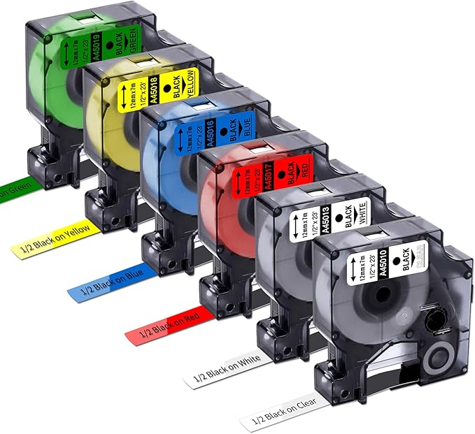 Freshworld 6-PK Colored Tape Replace for Dymo D1 Label Tape 1/2'' 23' Black on Yellow/Red/Blue/Green/Clear/White Compatible with Dymo ColorPOP LabelManager 160 210D 260P 280 360D 420P 500TS 640CB