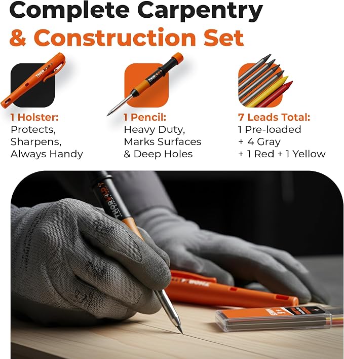 THORVALD New Carpenter Pencils with Holster for Construction - Incl. 7 Leads + Sharpener - Solid Mechanical Pencils with Fine Point/Best Marking tools Construction/Carpenters/Scriber