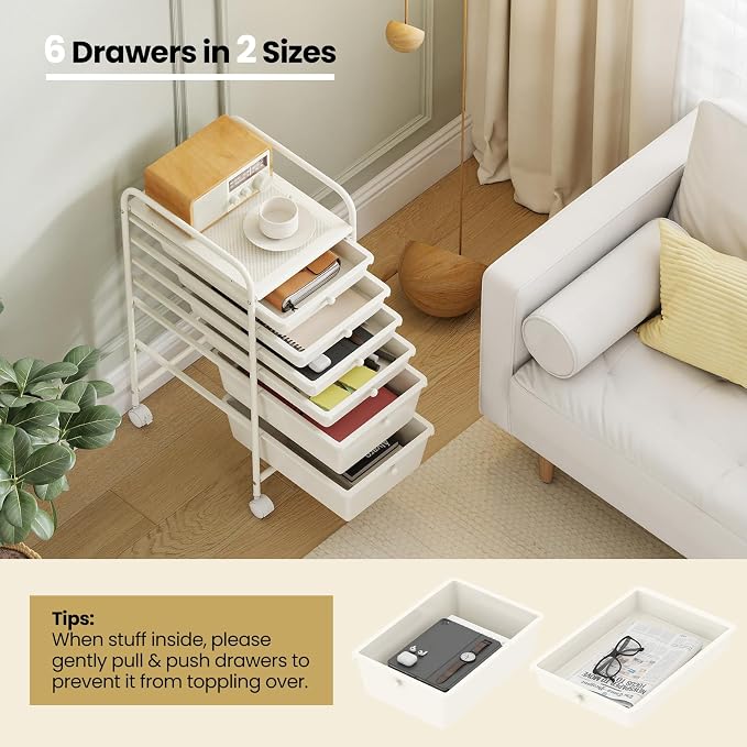 COSTWAY 6-Drawer Rolling Storage Cart, Art Craft Tools Organizer on Wheels | Multifunctional Heavy Duty Utility Mobile Storage Trolley w/ 2 Lockable Wheels for Home Office School (White)