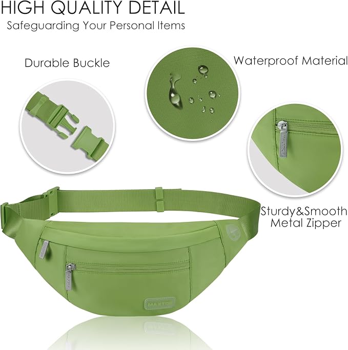 Large Crossbody Fanny Pack Belt Bag with 4-Zipper Pockets,Khaki Green | Adjustable Strap,Key Chain,Waist Pouch Belt Bag for Gym Workout Running Travelling Hiking Dog Walking