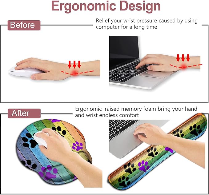 Mouse Pad with Wrist Support Memory Foam Keyboard Wrist Rest Gaming Mousepad Office Easy Typing Games to Relieve Fatigue Non-Slip Rustic Rainbow Woodgrain Black and Purple Dog Paw Personality Desings