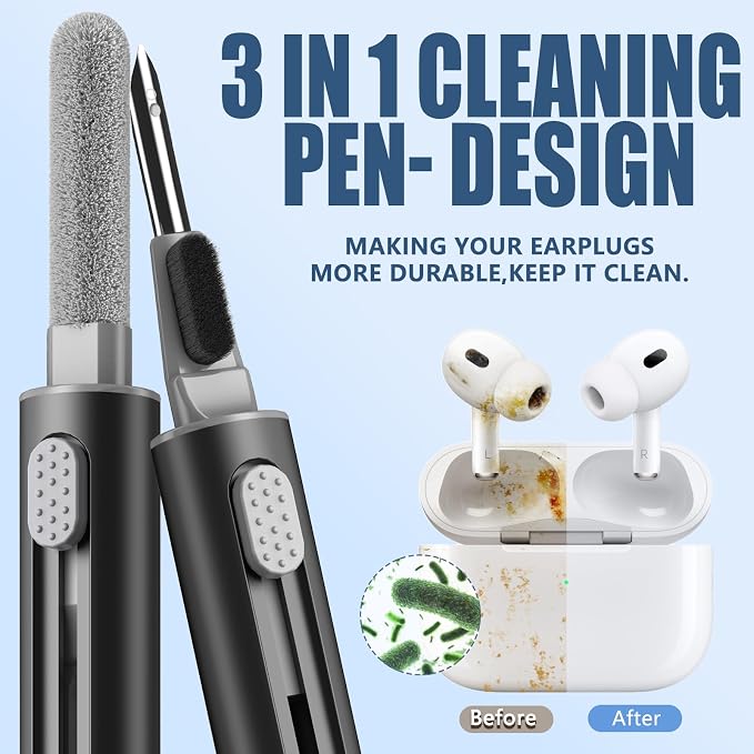 Inesore Multi Cleaning Kit for AirPods & All Bluetooth Earbuds (Black) | 3-in-1 Design with Brush,Sponge & Metal Tip, Airpod Cleaning, Phone Cleaner, Earbud Cleaning, Electronic Device Cleaning Tool