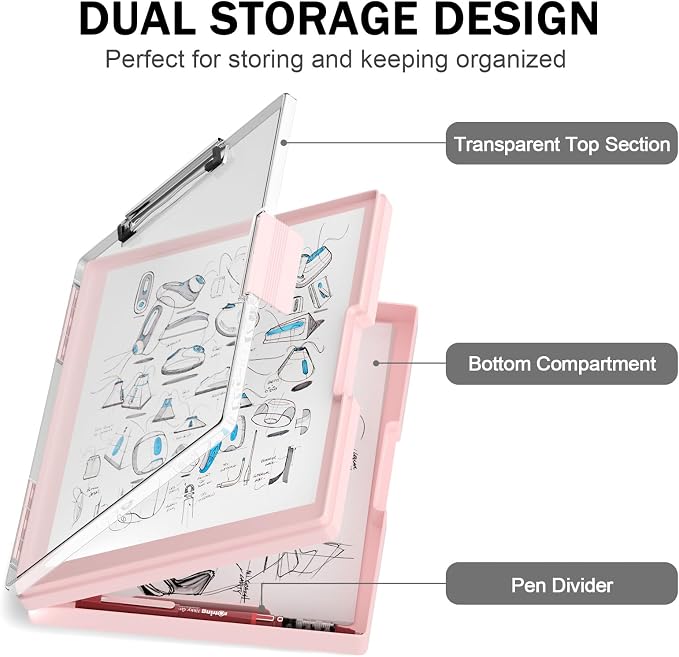 Rimilak Clipboard with Storage,8.5x11 2 Compartment Clip Board, Pink | Smooth Writing, Side-Opening Plastic Folder with Pen Holder, Size 13.3 x 9.4 x 1.5″,for Classroom, Teacher, Student