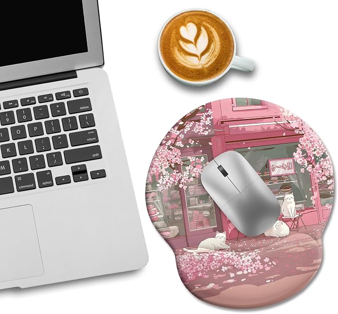 LIMKRIAN Cat Ergonomic Mouse Pad with Wrist Rest, Pink Cherry Blossom Computer Mouse Pad Wrist Support with Non-Slip Pain Relief PU Base, Cute Office Desk Decor Accessories Japanese Dessert House