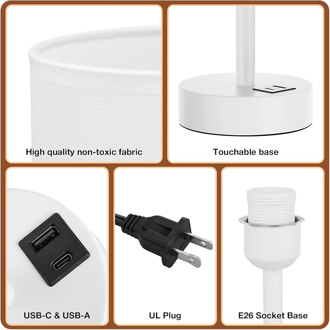 Dicoool Bedside Table Lamp for Bedroom - 3-Way Dimmable Touch Lamp, USB A+C | LED Bulb Included, 14" Small Nightstand Lamp for Desk, Living Room, Guest Room, White Fabric Lampshade, White Metal Base