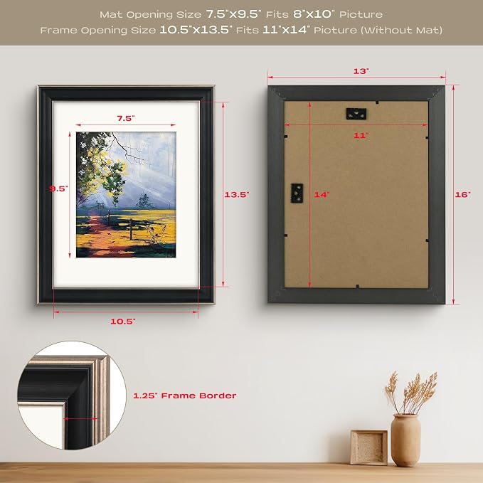 Golden State Art, 11x14 Photo Frame with Mat for Pictures 8x10 and Real Glass (Silver-Beige with Black-Dark Brown Inner Panel & Pewter Panel with Ivory Color Mat, 1.25 Inch Frame Border)