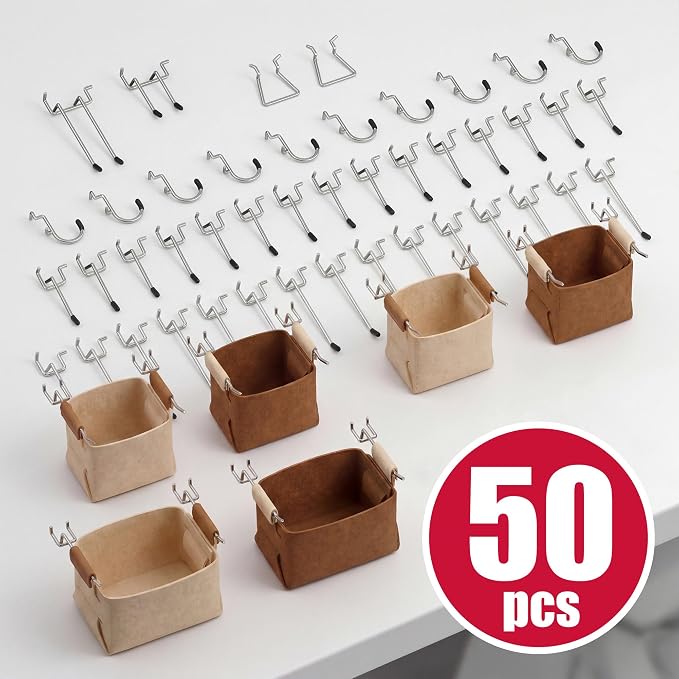 Spampur 6 Pack Peg Board Organizer, Includes Metal PegBoard and Accessories | White Pegboard Panels with 50 Pcs Hooks and Baskets, Wall Organization for Office, Craft Room, Ornaments Display, Sewing Room