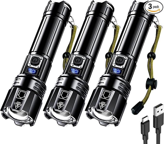 AKNEAR Rechargeable LED Flashlight High Lumens, Super Bright Flashlights with Zoomable & USB C Rechargeable & 5 Light Mode & Waterproof, Powerful Flash Light for Home, Hiking (Digital Display, 3 Pack)