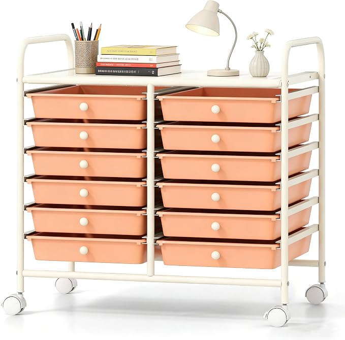 COSTWAY 12-Drawer Rolling Storage Cart, Utility Storage Organizer Cart | For Tools, Scrapbook, Paper, Craft, Multipurpose Art Supply Organizer on Wheels for Home Office School, Teacher, Peach
