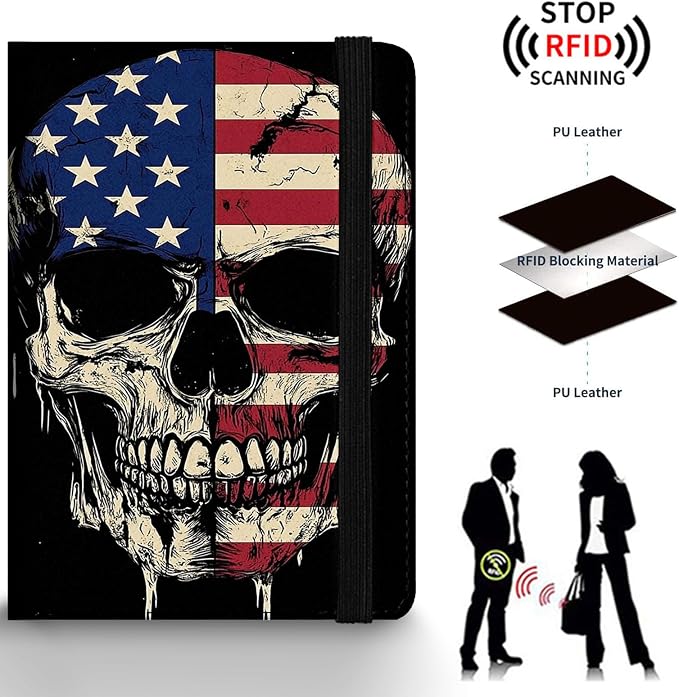Passport Holder Wallet Cover Case,RFID Blocking Passport Cover,Large Capacity Travel Wallet with Multi Card Slots (Skull American Flag)