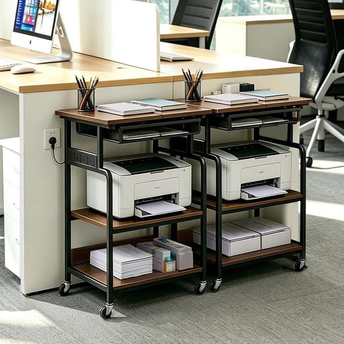 Printer Stand, 3-Tier Rolling Printer Cart with Storage Shelf, Drawers | With Power Outlet, Usb-C, Filing Pockets, Table Desk Organizer For Office Home, Printer, Scanner, Fax, microwave ovens