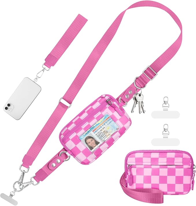 Tiostep Clip and Go Strap for Phone with Wallet Crossbody Phone Lanyard Adjustable and Detachable RFID Wristlet Wallet (Hot Pink Checkered, Large)