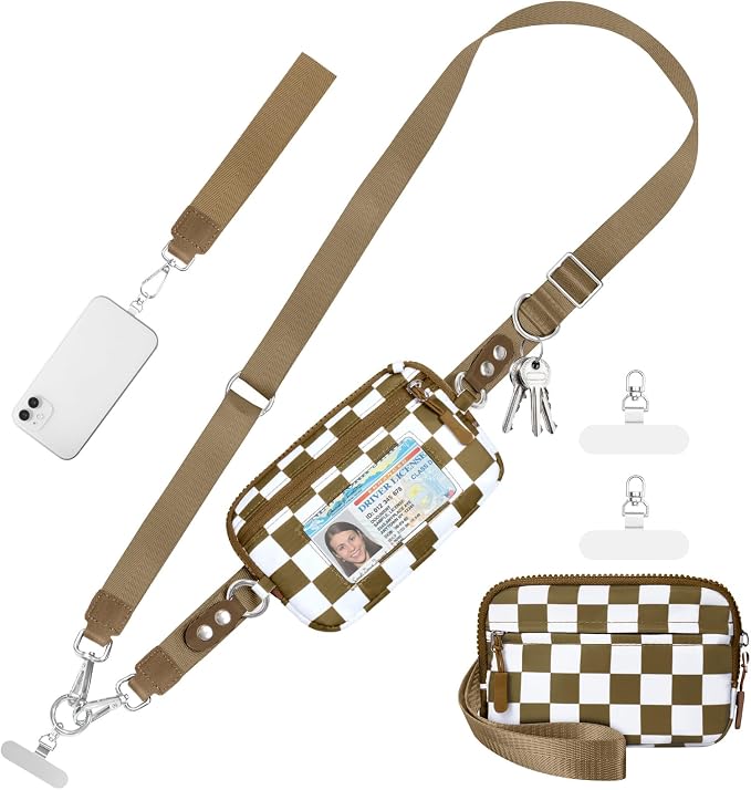 Tiostep Clip and Go Strap for Phone with Wallet Crossbody Phone Lanyard Adjustable and Detachable RFID Wristlet Wallet (Camel Checkered, Large)