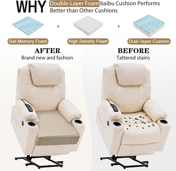 baibu Gel Memory Foam Recliner Cushions with Lumbar Support Pillow for Elderly, 20x20x5 Inch Thick Dual-Layer Patent Design Non-Slip Seat Cushion for Recliner Chair for Reduce Hip & Lumbar Pain, Beige