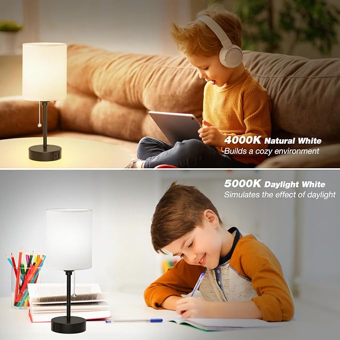 Dicoool Bedside Table Lamp for Bedroom - Small Desk Lamp with USB Ports | USB A+C Ports, AC Outlet, 3 Color Temperatures, LED Bulb Included, White Fabric Shade, Black Metal Base, 14" Nightstand lamp