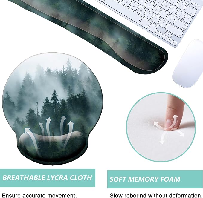 Keyboard Wrist Rest Pad Mouse Pad with Wrist Support Set of 3, Mousepad with Non-Slip Rubber Base, Ergonomic Memory Foam Mouse Wrist Cushion Support for Home Office Laptop Computer Gaming, Forest