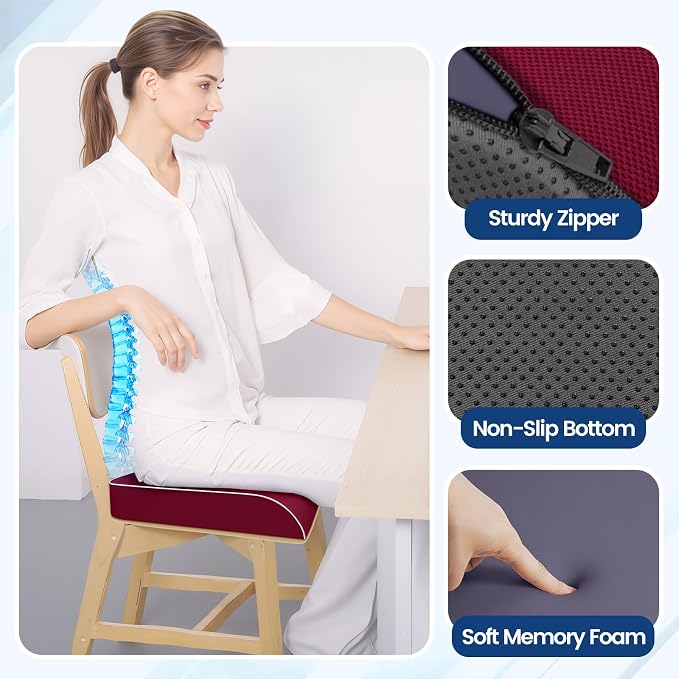 SweetSlubr Seat Cushion for Tailbone Pain Relief, Office Chair Cushion, Memory Foam Large Chair Pad with Non-Slip Cover for Soft Support at Office Chair, Car Seat, Airplane Red/2X-Large