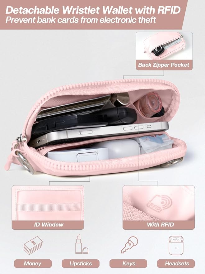 Tiostep Clip and Go Strap for Phone with Wallet Crossbody Phone Lanyard Adjustable and Detachable RFID Wristlet Wallet (Pink, Large)