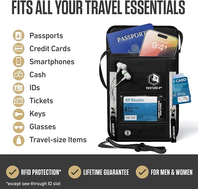 VENTURE 4TH Travel Neck Wallet, RFID Blocking Passport Holder - Black