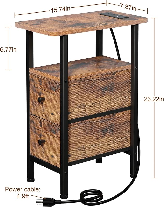 Narrow End Table with Charging Station, Small Nightstand | Skinny Side Tables Living Room with 2 Fabric Drawers, Slim Bedside Table for Bedroom, Small Spaces, Couch, Rustic Brown