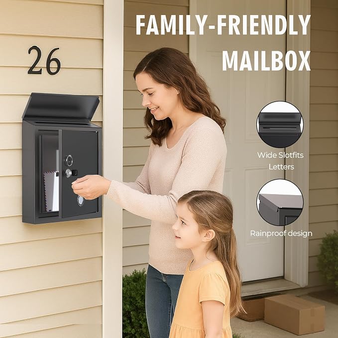 Mailbox with Combination & Key Unlock, Metal Mail Boxes Suggestion Box Wall Mount, Business Key Drop Box, Locking Post Box for House, Weatherproof, Large Capacity 14x4x10in,Black