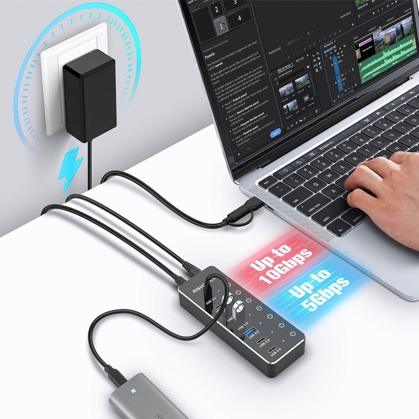 RSHTECH 7-Port Powered USB 3.2/USB-C Hub Splitter with 3 x 10Gbps USB-3.2 Ports (2C + 1A),4 USB-3.0 Ports (2C + 2A), 3.3ft Cable, Touch Switches, and 5V Power Adapter for Laptop PC