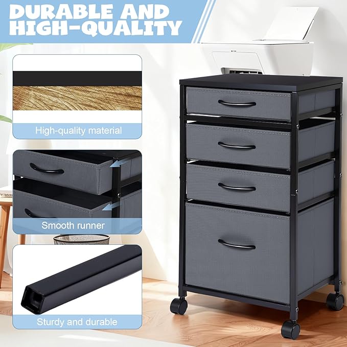 4 Drawer Rolling File Cabinet Mobile Printer Stand Metal Cart with Fabric Vertical Filing Chest Wheels A4 Letter Size Under Desk Utility Craft Storage Organizer for Home Office School(Grey)