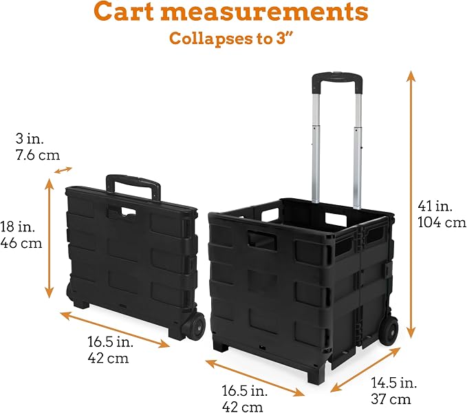 Collapsible Ultra-Slim Pack-N-Roll, 2 Wheel Utility Cart , With Telescopic Handle - Super Strong up to 80 Lbs Load Capacity, Black