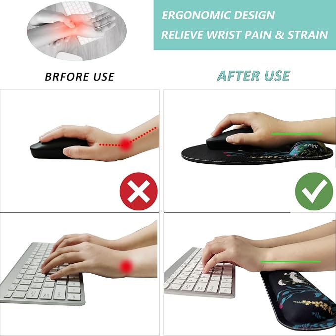 Keyboard Wrist Rest Pad Mouse Pad with Wrist Support Set of 3, Mousepad with Non-Slip Rubber Base, Ergonomic Memory Foam Mouse Wrist Cushion Support for Home Office Laptop Computer, Flowers Grass