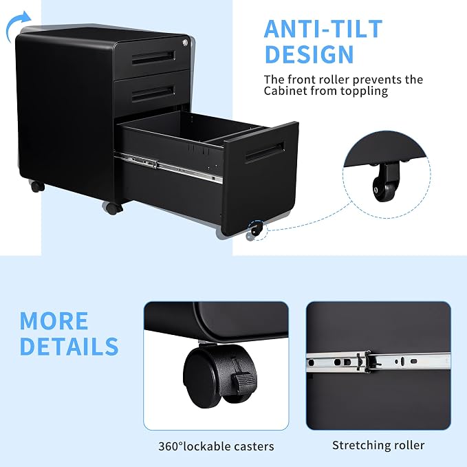 File Cabinet, 3 Drawer Filing Cabinets for Home Office with Lock Mobile Under Desk Fully Assembled Cabinet (Black)