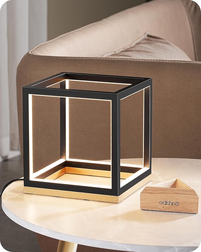 EDISHINE Modern LED Table Lamp, Minimalist Bedside Lamp for Living Room | Solid Wood Base, 3 Way Dimmable, 3000K/4500K/6000K, 470LM, Black Gold Square Geometric for Bedroom, Office