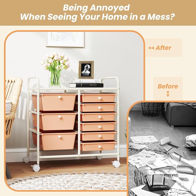 COSTWAY Rolling Storage Cart with 9 Drawer, Utility Cart with Metal Frame | Mobile Art Supply Craft Organizer, Multipurpose Storage Organizer for Paper, Office, School Teacher, Classroom, Peach