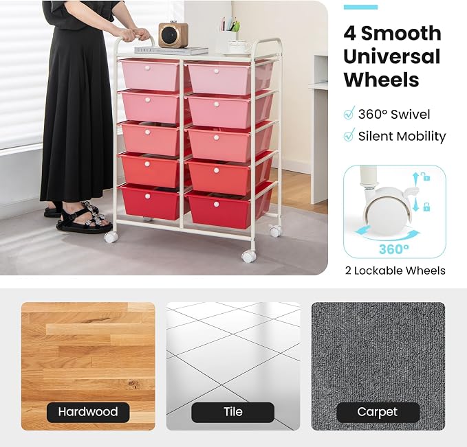 BECOMFORT 10-Drawer Rolling Cart with Drawers, Storage Cart on Wheels, Teacher Classroom Organizers with Metal Frame, Mobile Craft Cart, Trolley Utility Cart for School Office Play Room