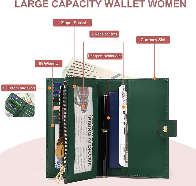 yiijay Womens Wallet RFID Blocking Leather Trifold Clutch Wallet Credit Card Holder Ladies Travel Wallet Purse with Passport/Pen Holder