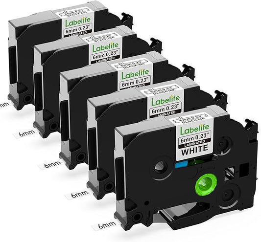 Labelife 6mm Label Tape TZe-211 Replacement for Brother P Touch TZe TZ Tape 6mm 0.23 Laminated White Label Tape TZe211 TZ-211 for Brother Label Maker PT-D210 PT-D220 PT-H110 PT-D200, 1/4 Inch, 5-Pack