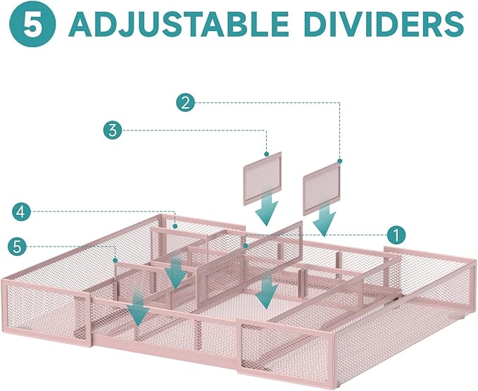 Expandable Desk Drawer Organizer Tray with 10 Adjustable Compartments, Metal Mesh Office Drawer Organizer, Versatile Desk Organizer for Home, School Supplies, Makeup Vanity & Jewelry (Pink)