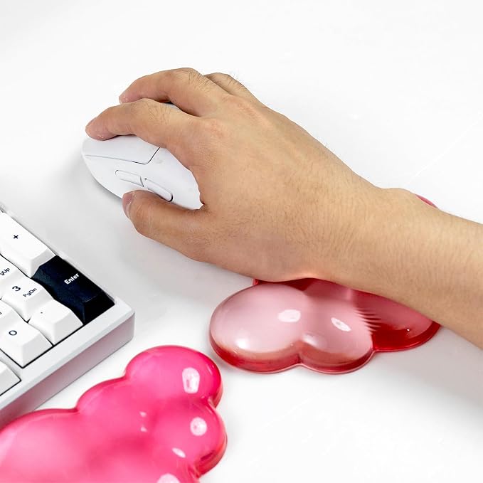 Ergonomic Cloud Silicone Gel Keyboard and Mouse Wrist Rest Set – Clear Wrist Rest for Computer Keyboard 60%/68%/75%, Comfort & Support for Typing and Gaming (White Pink)