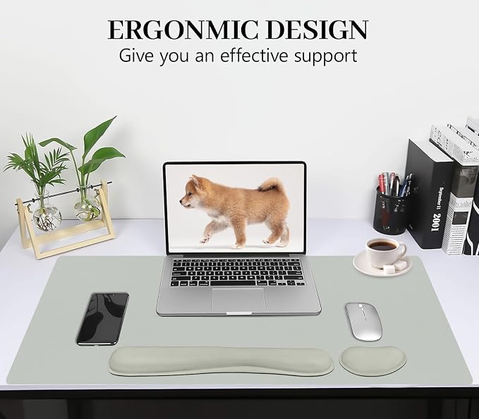 Keyboard and Mouse Pad, 3-in-1 Desk Mat Set Keyboard Wrist Rest | 31.5" x 15.7" Desk Mat, Ergonomic Wrist Rest for Computer Keyboard, Non-slip Base, Waterproof Computer Mat, Light Grey