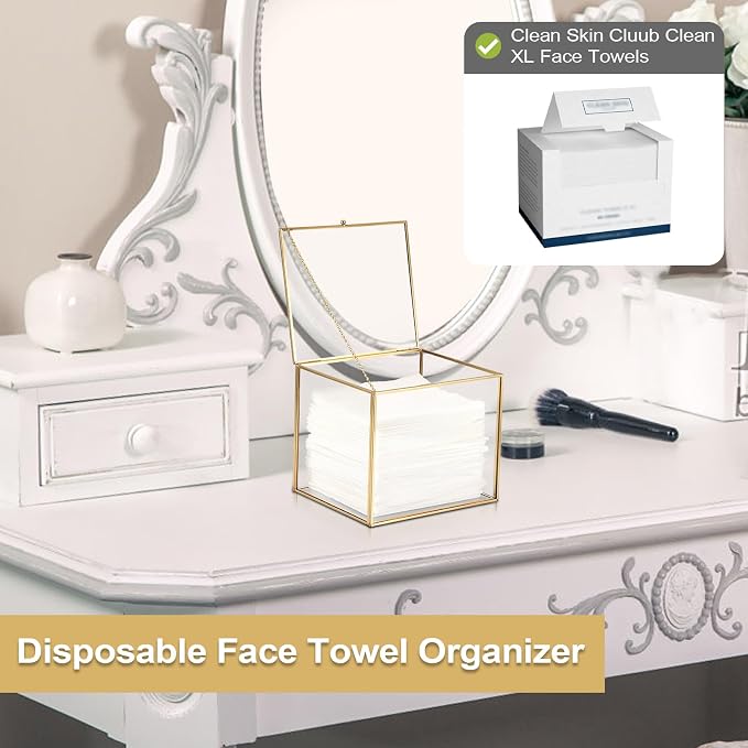 Sumnacon Glass Disposable Face Towel Holder Compatible with Clean Skin Cluub XL Facial Towels, Gold Clear Face Towels Storage Box with Lid, Makeup Container Organizer for Bathroom, Vanity Countertop
