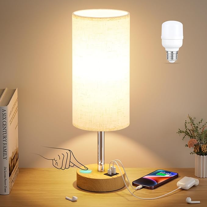 Dicoool Bedside Table Lamp for Bedroom - 3-Way Dimmable Touch Lamp, USB A+C | LED Bulb Included, 14" Small Nightstand Lamp for Desk, Living Room, Guest Room, Cream Fabric Lampshade, Wood-Grain Metal Base