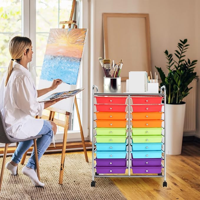 COSTWAY 20-Drawer Rolling Storage Cart, Utility Storage Organizer Cart | For Tools, Scrapbook, Paper, Craft, Multipurpose Storage Trolley on Wheels for Home Office School (Multicolor)