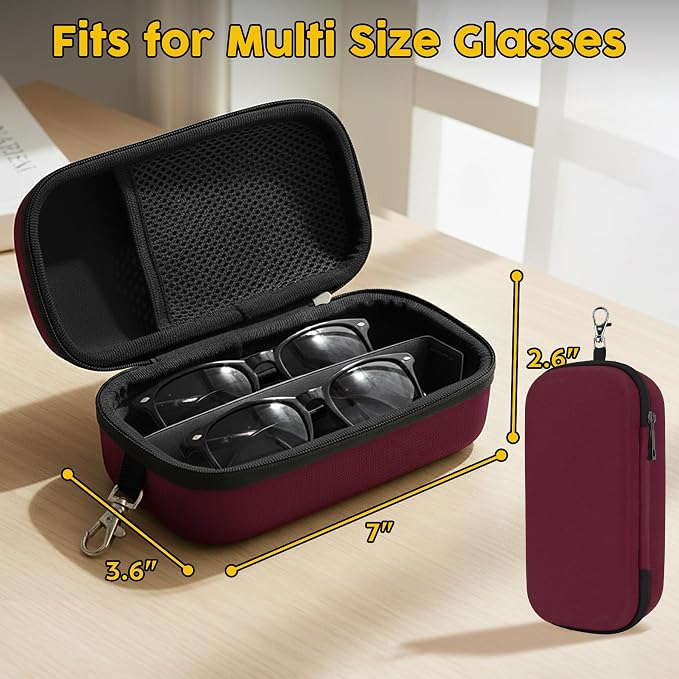 Double Eyeglasses Case,Hard Shell Glasses Case Travel Sunglasses Organizer with Adjustable Slot & Clip for Men Women