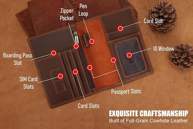 STAR VISTA Phoenix Leather Passport Holder, Full Grain Leather Travel Wallet- Slim, Bifold, RFID Blocking, ID Window, Coin Pocket, Card Slots, SIM Slots