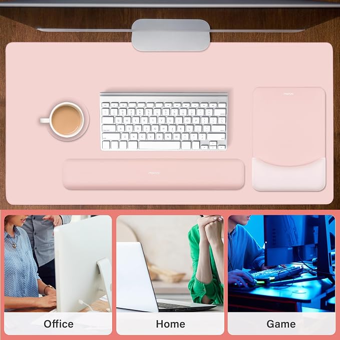 MOSISO Keyboard Mouse Pad Set, Large Gaming Mouse Pad&Keyboard Wrist Rest | Rectangular Mousepad with Wrist Rest&Coaster, Ergonomic Non-Slip&Easy Typing Pad with Curved Silicone Lining, Baby Pink