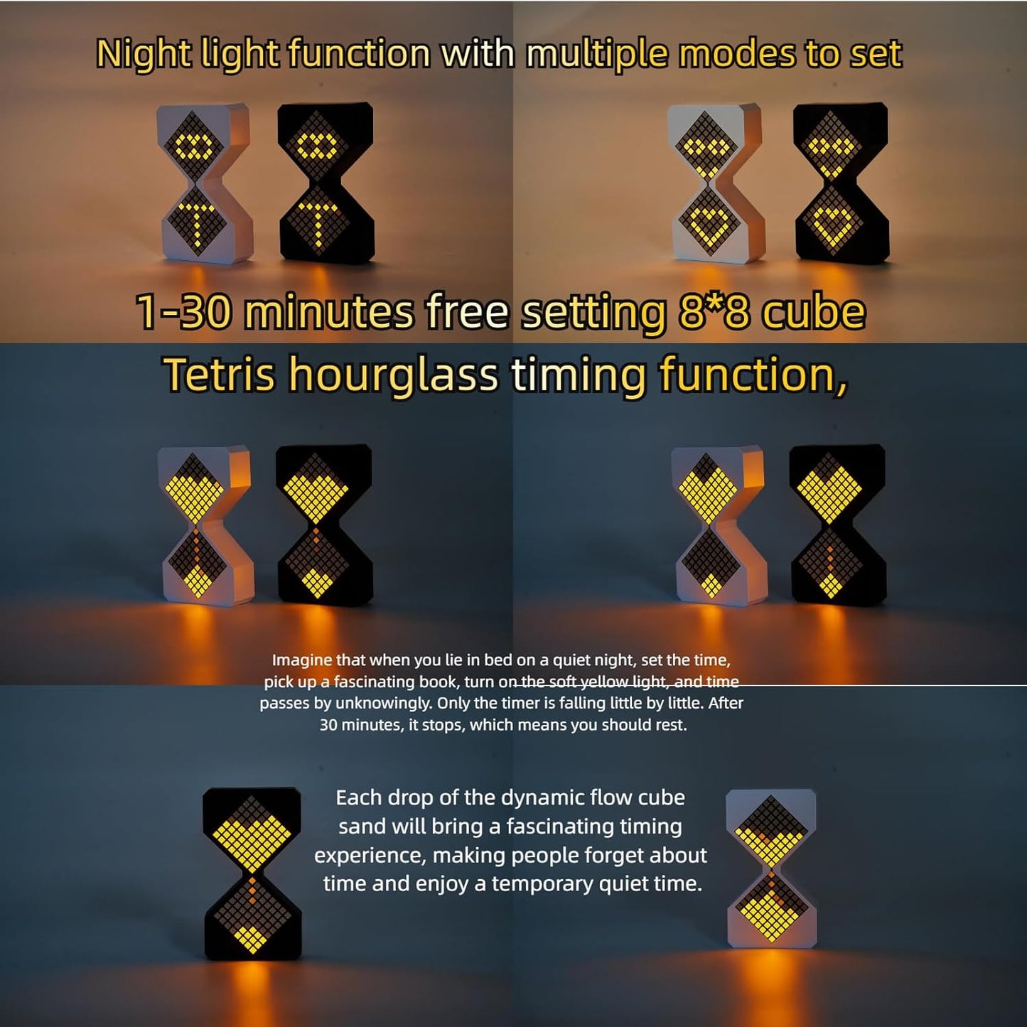 Digital Hourglass 1-30 Minute Freely Adjustable Gravity Timer Dynamic Flow Cube Led Night Light Hourglass Timer for Classroom Home Office Cooking (Black, Yellow Light Source)