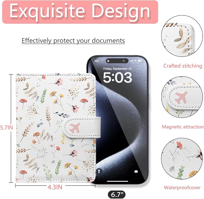 Passport Holder, Cute Travel Wallet Cover with RFID Blocking, Flower | PU leather travel wallet with magnetic closure, card slots, pen loop, and easy access for passports and essentials.