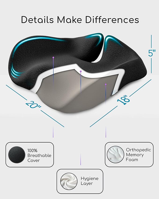 Ergonomic Office Chair Cushion for Sciatica Pain Relief, Computer Chair Cushion for All Day Comfort, Extra Large Seat Cushions for Office Chairs, Orthopedic Coccyx Cushion for Car & Wheelchair(Black)